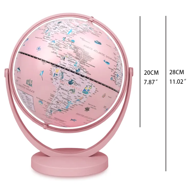 20cm (8") Full-Swing Pink Color Cartoon World Globe with Durable Plastic Base & Meridian detail view 1